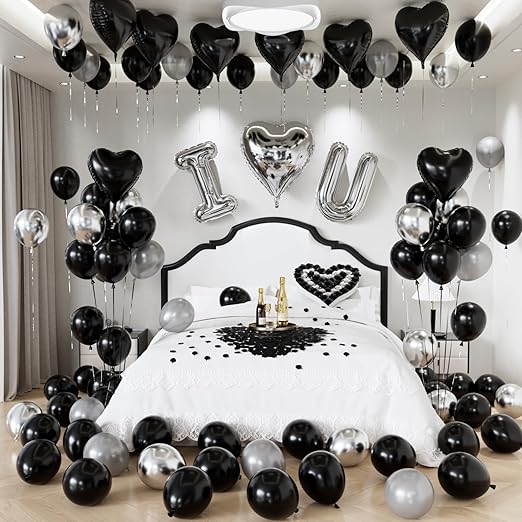 Black Valentines Decorations - Black and Silver Valentines Balloons with Love Heart Foil Balloons, Romantic Rose Petals for Romantic Valentines Day Anniversary Proposal Date Night Decorations