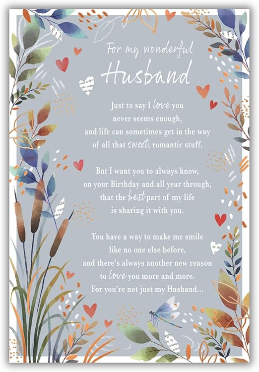 IC&G Birthday Card for Husband - Sentimental Wording & Floral Dragonfly Design - Foil Finish - Stylish Birthday Greeting Card for my Wonderful Husband - For Him