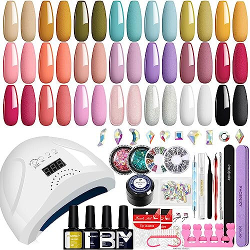 Gel Nail Polish Set, Phoenixy 42 Effect Gel Nail Starter Kit with Nail Lamp Kit Complete 8ml 21 Colours Varnish Gel Polish Full Set Professional Salon