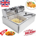 20L Dual-Tank Electric Deep Fryer - Commercial Stainless Steel, 2x6L Oil, 2x10L Tank, 5000W, 60-200C, Lids & Residue Plates