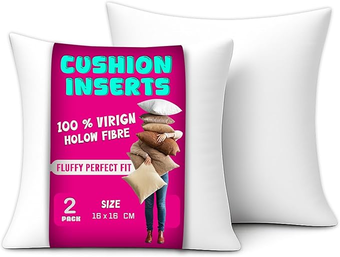 Luxury Hollowfibre Pack of 2 Cushion Pads Inners Inserts 16x16 inches (40 x 40 cm) - White Square Cushion Fillers with Anti Dust Mite Down Proof Cover & Soft Polyester Filling for Sofa, Bed & Couch
