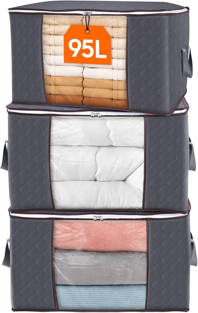 Lifewit 95L Clothes Storage Bags Large Storage Box With Lid Packing Boxes for Moving House With Reinforced Handle Thick Fabric Clear Window for Clothes Duvet Blankets Bedding, 3 Pack, Grey