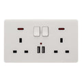 (White) Double Wall Plug Socket 2 Gang 13A w/ 2 Charger USB Ports Outlets Flat Plate UK