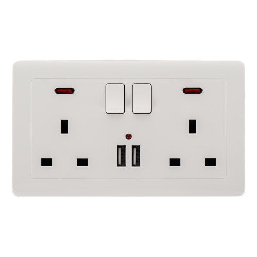 (White) Double Wall Plug Socket 2 Gang 13A w/ 2 Charger USB Ports Outlets Flat Plate UK