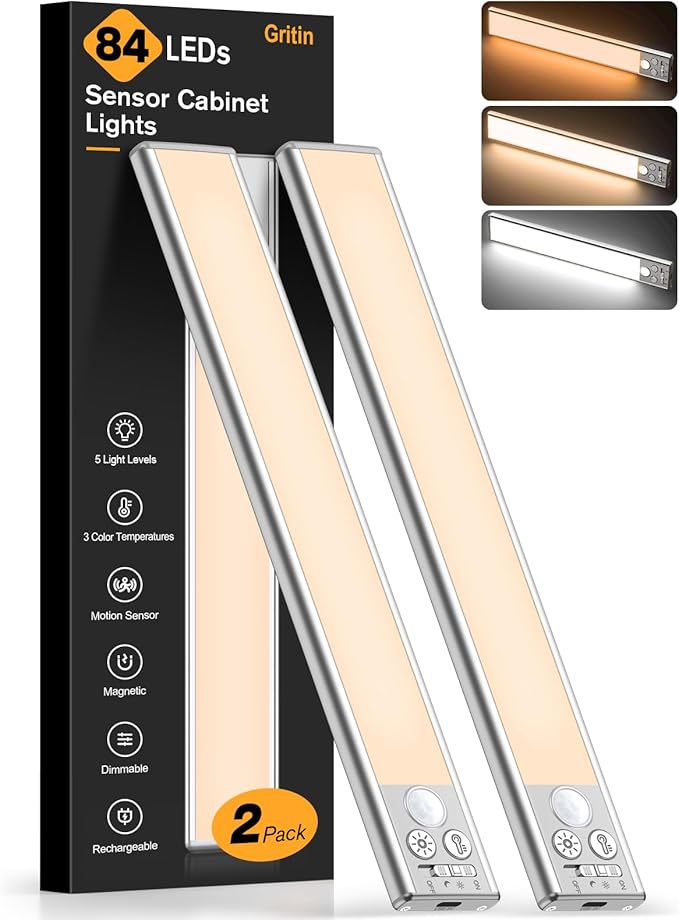 Gritin Under Cabinet Kitchen Lights Rechargeable-3 Color Temps&5 Level Brightness, Super Bright, 4 Modes, Motion Sensor, Long Lasting-Easy Installation Strong Magnetic Under Closet Light-26CM/2 Pack[Energy Class A+++]