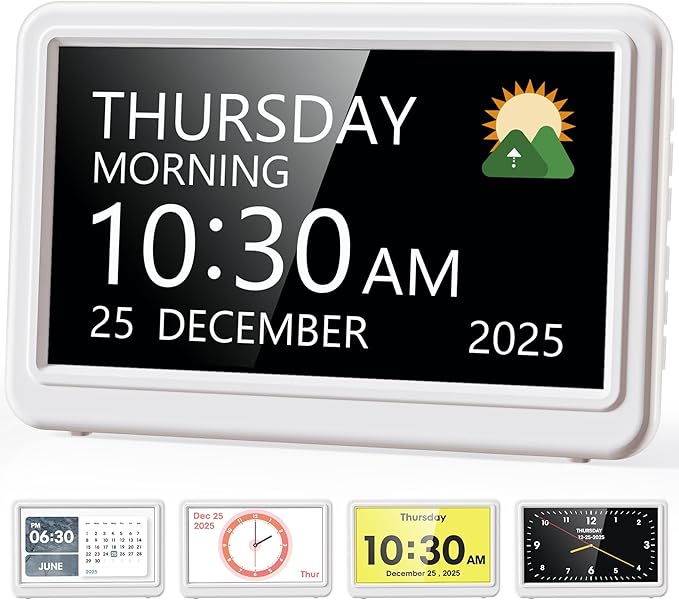 Roxicosly Dementia Clock with Date Day, 20 Custom Alarms 20 Reminders, 7" Digital Clock with Sun/Moon icons for Elderly,12 Themes 9 Colors,10 Levels Dimmer,18 Ringtones, HD Picture Frame