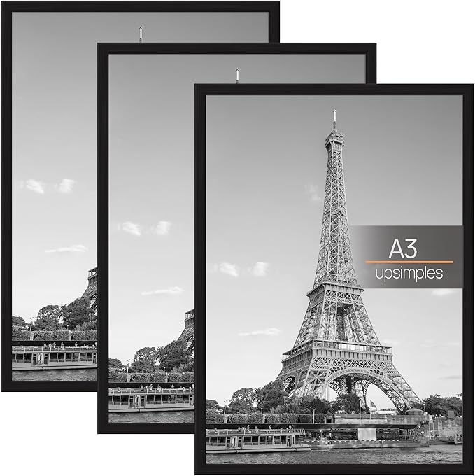 upsimples 3 Pack A3 Picture Frame, A3 Picture Frame Black for Photo Gallery - Slide-In Strips, Horizontal or Vertical Wall Mounting