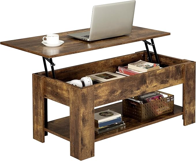 Yaheetech Lift Up Coffee Table, Wooden Lifting Tea Table with Hidden Storage Drawer and Open Shelf for Living Room/Reception (Rustic Brown, 98D x 50W x 56H)
