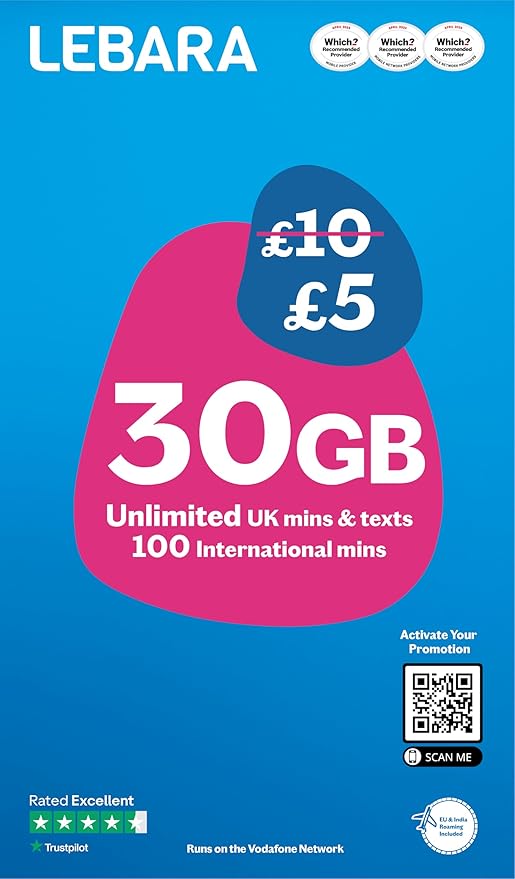 Lebara Mobile SIM Card with 30GB Data Plan for £5, Half Price for First 3 Months, No Contract, UK Calls, Texts, International Minutes, EU and India Roaming Included