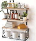 Pipishell Floating Shelves with Wire Strorage Basket, Paulownia Wood Bathroom Shelves for Home Organization & Wall Decor, Bathroom/Kitchen/Living Room/Office Shelves, Set of 3+1, Natural