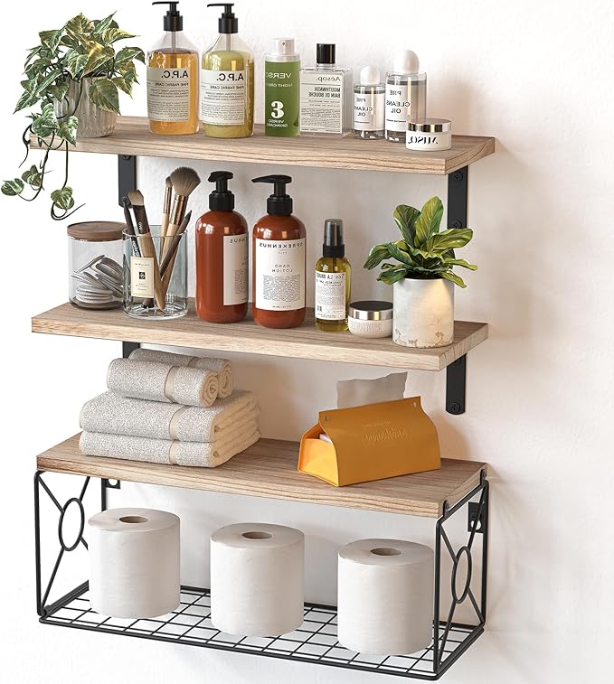 Pipishell Floating Shelves with Wire Strorage Basket, Paulownia Wood Bathroom Shelves for Home Organization & Wall Decor, Bathroom/Kitchen/Living Room/Office Shelves, Set of 3+1, Natural