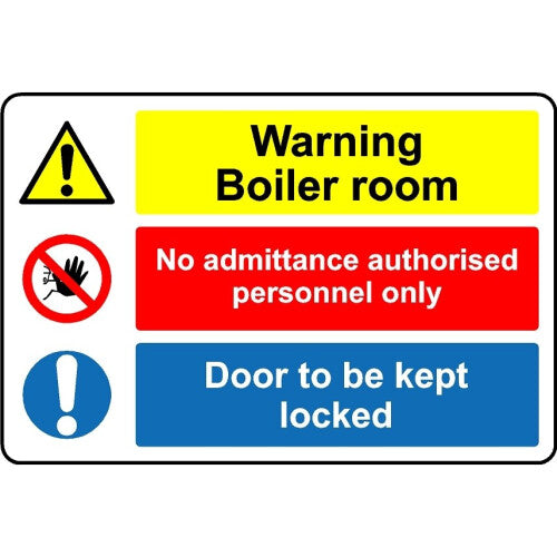 Warning: Boiler Room Door â€“ Keep Locked Safety Sign, 1mm Plastic, 300 x 200 mm