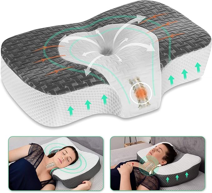 Elviros Cervical Memory Foam Neck Pillow for Side Sleeping, Orthopedic Pillows for Back and Stomach Sleepers, Adjustable Ergonomic Bed Pillow Pain Relief (Dark Grey)