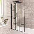 800mm Square Bath Screen Black Profile With Grid Glass Reversible | Sheen
