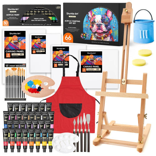 Shuttle Art 66 Pack Acrylic Paint Set, Acrylic Painting Set with 30 Colours Acrylic Paint, Wooden Easel, Blank Canvas, Paint Brushes, Palette, Art