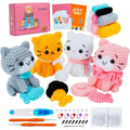 Crochet Kit for Beginners with Step-by-Step Video Tutorials, Learn to Crochet Kits for Adults and Kids, 4 PCS Cat with Hat, Toy, Fish Set