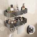 Voldra Shower Caddy Suction Cup, Adhesive Bathroom Shelves Shower Storage Wall Mounted Bathroom Caddy Stick on Shower Organiser Rack With 8 Removable Hooks and Towel Bar(2 Pack, Grey)