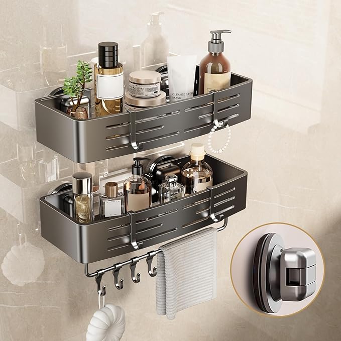 Voldra Shower Caddy Suction Cup, Adhesive Bathroom Shelves Shower Storage Wall Mounted Bathroom Caddy Stick on Shower Organiser Rack With 8 Removable Hooks and Towel Bar(2 Pack, Grey)