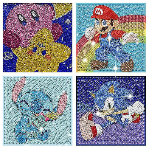 Kids Cartoon Characters Super Mario Stitch Diamond Painting Kits, 4 Pack Diamond Art For Kids Beginners, 5d Diy Gem Painting Big Realistic Gem Full Dr