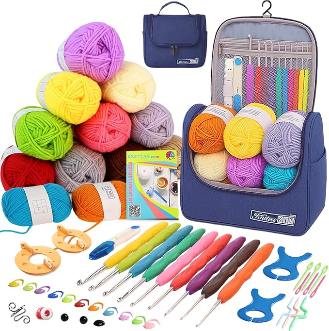 Knitiss Crochet Kits for Beginners Adults, All in One Crochet Starter Kit with 12 Pcs Crochet Yarn, 9 Size Ergonomic Crochet Hooks 2.0mm~6.0mm
