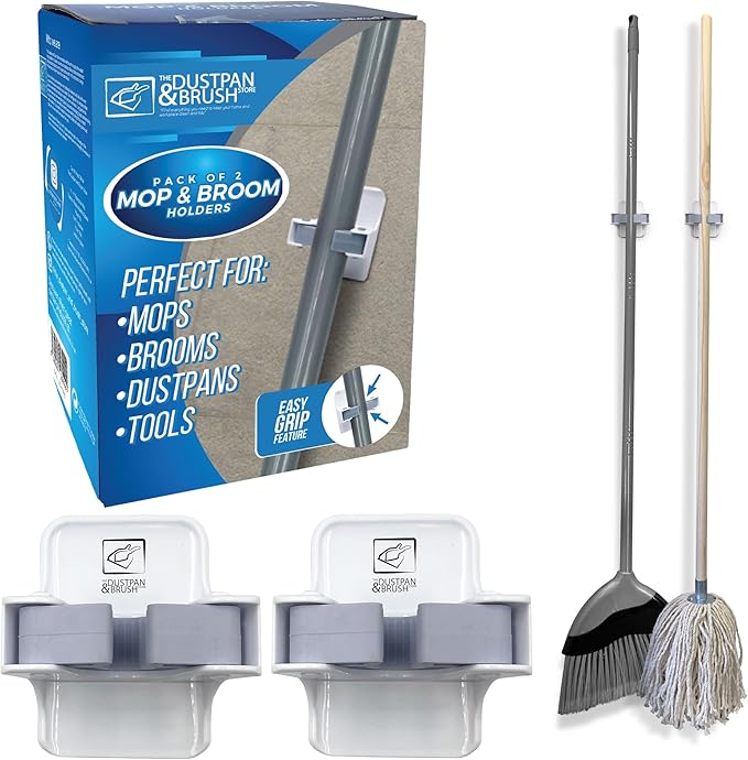Mop & Broom Holder for Easy Storage of Mops, Broom, Dustpans and Tools - Broom Holder Wall Mounted Gripper - Perfect to Use on Cupboards, Bathroom, Sheds and Garage