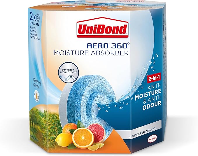 UniBond AERO 360° Moisture Absorber Citrus Refill Tab, Aromatherapy, Ultra-Absorbent and Odour-Neutralising, for AERO 360° Dehumidifier, Condensation Absorbers, Twin Pack (2 x 450g)