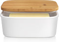 Tydi Elegant Porcelain Butter Dish with Lid Ceramic - 16x10.5x7 cm (up to 600g Capacity) Butter Dishes with Lids - Removable Silicone Seal - White with Bamboo Lid - Butter Container