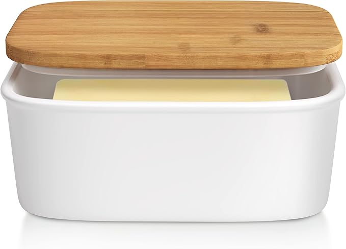 Tydi Elegant Porcelain Butter Dish with Lid Ceramic - 16x10.5x7 cm (up to 600g Capacity) Butter Dishes with Lids - Removable Silicone Seal - White with Bamboo Lid - Butter Container