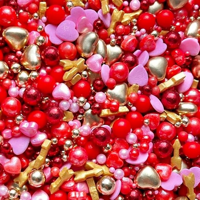 Valentines sprinkles red pink love hearts metallic gold arrows edible pearls cupcake cake toppers biscuits ball mix pearls decoration 100s 1000s party baking CUTE CUPID