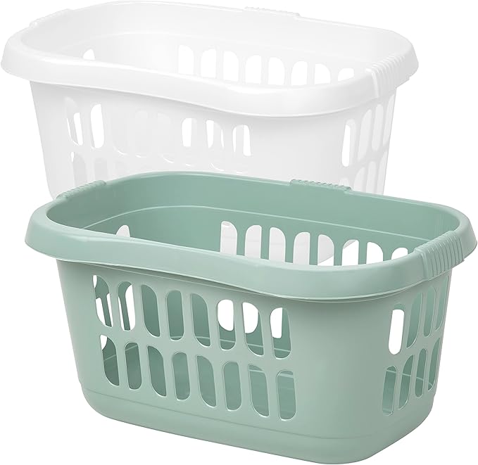 High Grade Plastic Large 60L Hipster Laundry Basket Hamper Clothes Washing Bedding Linen Storage Basket (Ice White + Silver Sage)