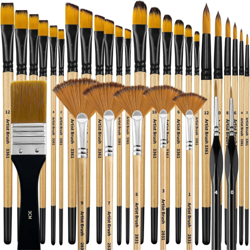 Paint Brush Set, Nylon Bristles with Round, Filbert, Flat, Fan, Angle, Suitable for Artists and Beginners Acrylic