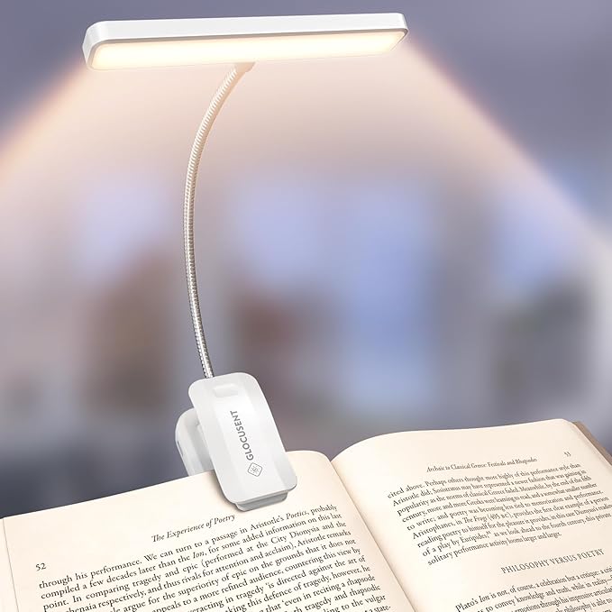 Glocusent 26 LED Reading Light, Book Light with 5 Colours & 5 Brightness - Eye-Protecting, Stepless Dimming, Large Lamp Area, Long Lasting up to 90hr, 360° Flexible Perfect for Book Lovers (White)