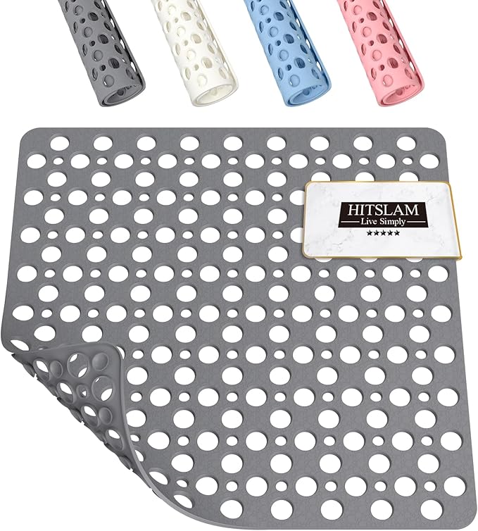 HITSLAM Square Shower Mat Non Slip Anti Mould, 53 x 53 cm Rubber Bath Mat for Tub Anti Slip, Bathroom Anti Slip Shower Mat With Suction Cups and Drain Holes, Machine Washable, Grey