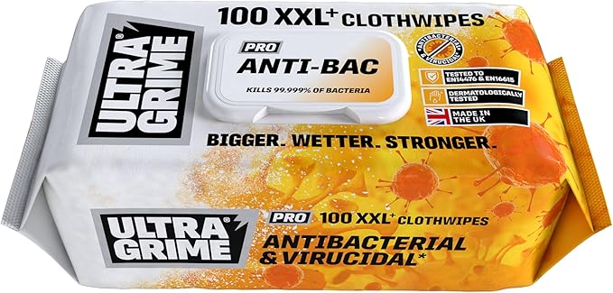 UltraGrime PRO Anti-Bac Cleaning Wet Wipes - Big Size Professional Disposable Wipes - Tougher Multi-Purpose Heavy-Duty Antibacterial Cloths (100 Thick Large Wipes)