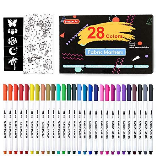 28 Colours Fabric Pens Permanent for Clothes, Shuttle Art Fine Tip Permanent Fabric Markers for T-shirt, Shoes with 11 Stencils 1 Fabric Sheet, N