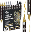 STATIONERY ISLAND Acrylic Paint Pens 12 PCS – Metallic Gold Silver White Black, Dual Tip Fine & Brush Markers, Water Based for Rock Glass Ceramic Wood Metal DIY & Halloween Crafts