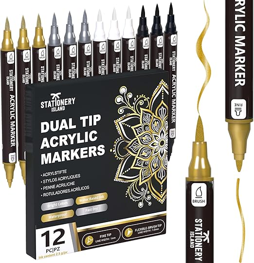 STATIONERY ISLAND Acrylic Paint Pens 12 PCS – Metallic Gold Silver White Black, Dual Tip Fine & Brush Markers, Water Based for Rock Glass Ceramic Wood Metal DIY & Halloween Crafts