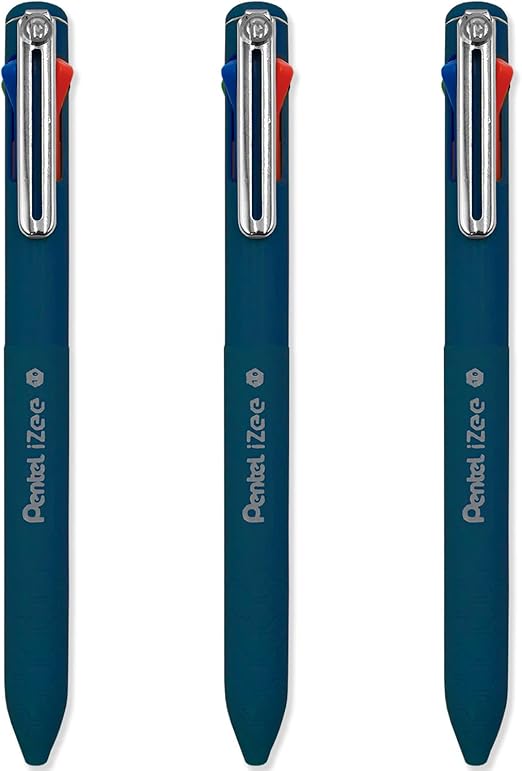 Pentel iZee 4 Colour Ballpoint Pen - Deep Blue Barrel - Multi Ink - Black, Blue, Red & Green Ink - Pack of 3