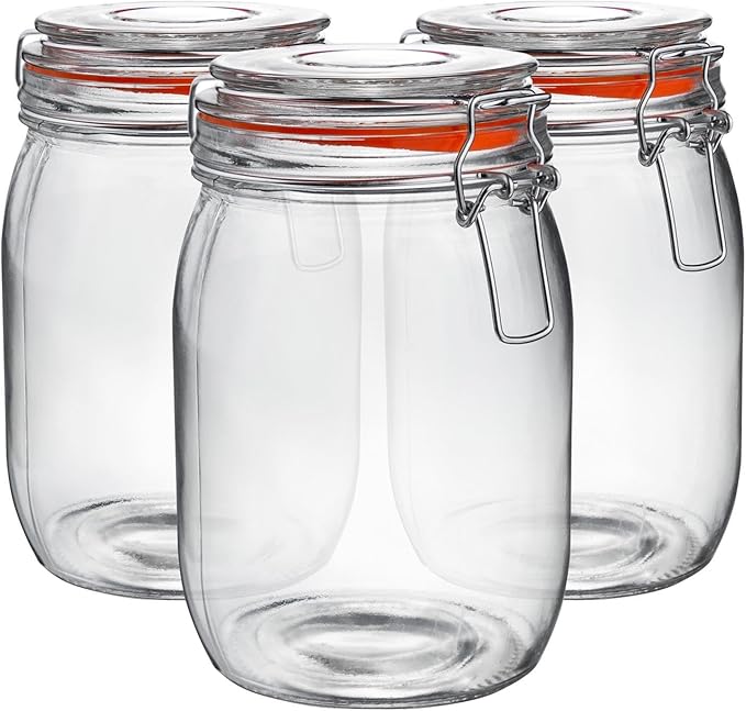 Argon Tableware Glass Jars with Airtight Metal Clip Lid - 1000ml/33.8oz - 3 Pack - 4 Colour Seals - Large Kitchen Storage Container Round Preserving Jar for Pickling, Chutney, Jam, Coffee