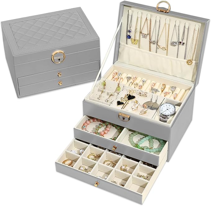 Granbest 3 Layers Jewellery Box with 2 Drawers, Elegant Jewellery Organiser, Leather Jewellery Storage Case Ideal for Necklaces, Bracelets, Rings and Earrings (Grey)