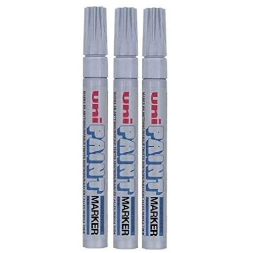 Uni Colour Medium (2.2-2.8mm) PX-20 Silver Oil Paint Marker Pen Metal Glass Wood Plastic Stone Outdoor mm Metal Bullet Nib Tip (Pack Of 3)