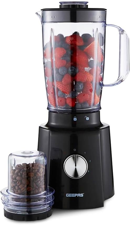 GEEPAS 2-in-1 Food Jug Blender | 1.6L Juice Jar 100G Mini Coffee Spice Grinder 4-Leaf Stainless-Steel Blades 3 Speed & Pulse Safety Lock | Smoothie Maker for Ice Crushing | 2 Year Warranty 650W Black