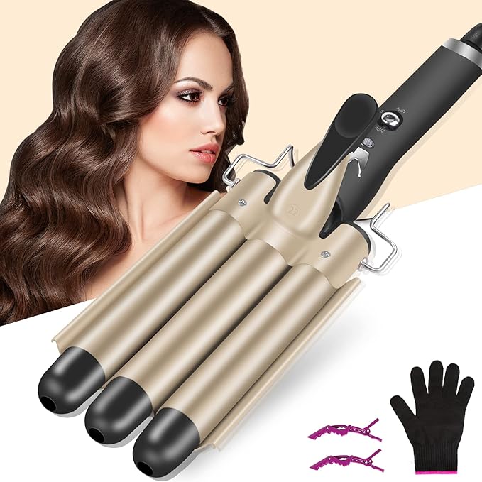 Hair Curler 22mm, 3 Barrel Waver for Long & Short Hair, Quick Heating, 2 Temperature Control, Mermaid Styling Tool with Heat-Resistant Gloves