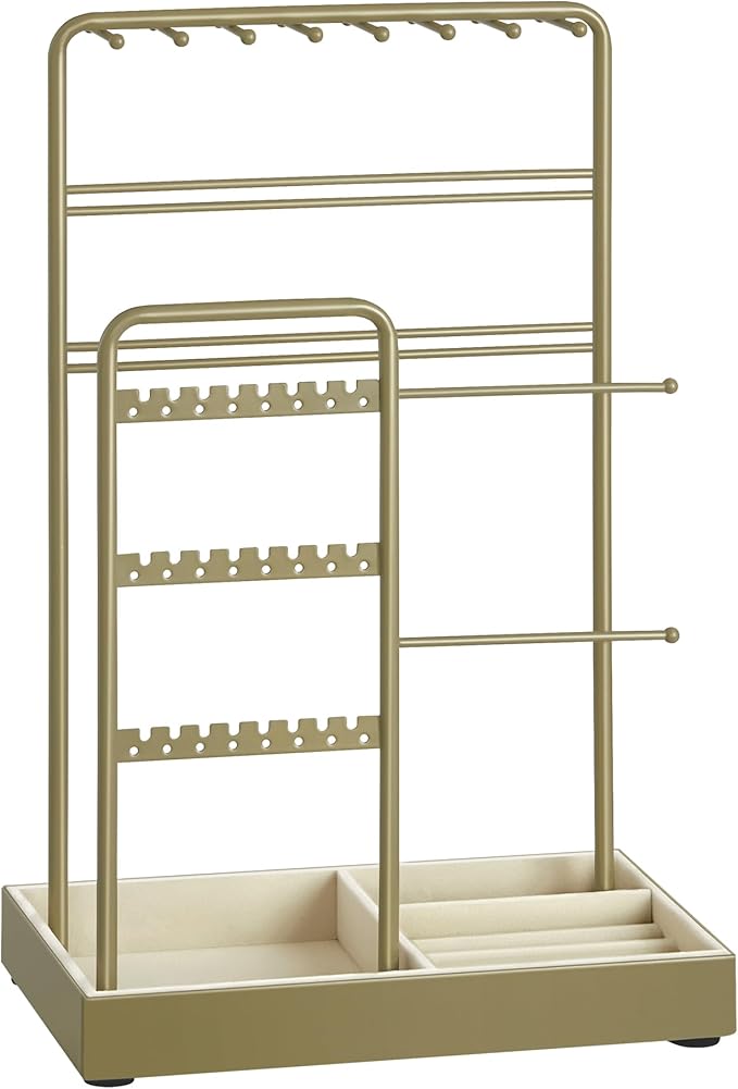 SONGMICS Jewellery Stand, Jewellery Organiser, Jewellery Display Stand with Metal Frame and Velvet Tray, Earring Bracelet Holder, Necklace Stand, for Studs, Rings, Gift Idea, Laurel Green JJS021C02