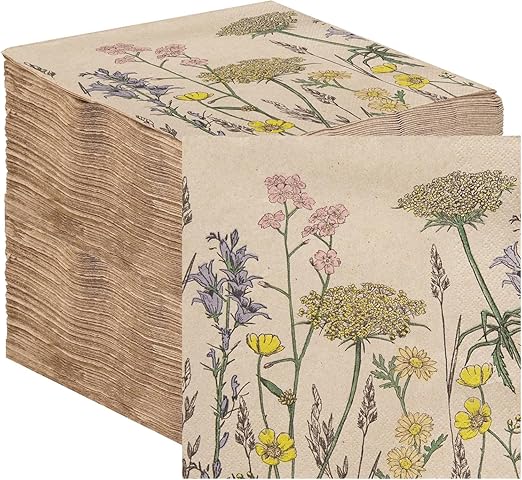 Table Kind 100 x Soft Recycled Paper Napkins, Wildflower Meadow Napkins Floral Disposable Party Serviettes for Weddings Eco-Friendly, Kraft Unbleached Home Compostable Made in EU, 2ply, 33cm