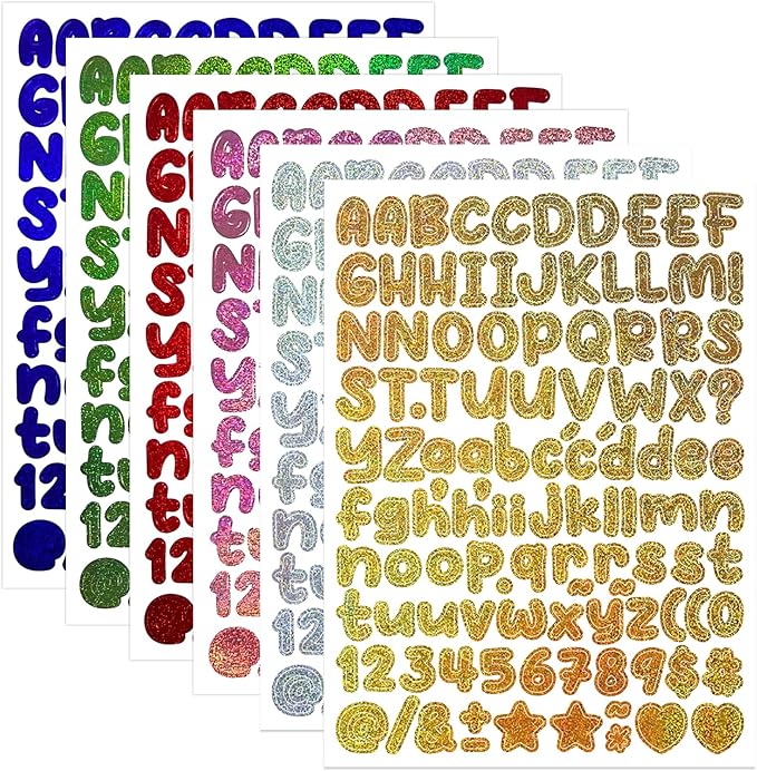 666 Pieces Small Vinyl Letter Number Stickers, 6 Sheets 0.5 Inch Glitter Colourful Sticky Stick on Alphabet Sticker Decals for Scrapbooks, Signs, Water Bottles, DIY Crafts