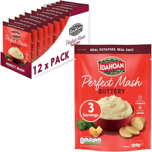 Idahoan Buttery Potato Mash Potatoes - 100% Real Idaho Potatoes, Gluten Free & Vegetarian, Ready in 1 Minute, Pack of 12
