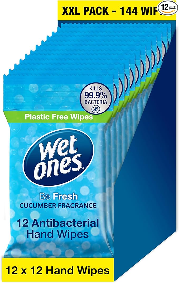 Wet Ones – Be Fresh – Plastic Free Antibacterial Pocket Size Hand Wipes - 144 wipes – 12 packs x 12 wipes