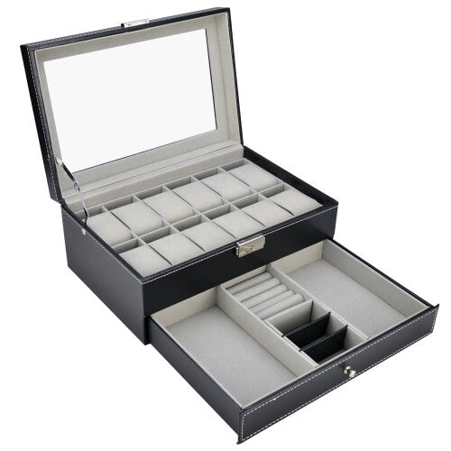 12 Grid Jewelry Watch Box Mens Jewelry Display Drawer Tray Glass PU