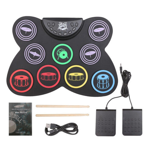 Electric Drum Set, 9 Pads Silicon Foldable Electronic with Headphone Jack,Build in Speaker ,Foot Pedals,Drum Sticks